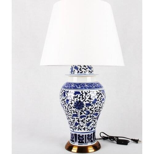 New Chinese Retro Hand-painted Blue And White Porcelain Fabric Led E27 Table Lamp For Living Room Bedroom Bedside H 54cm 1283