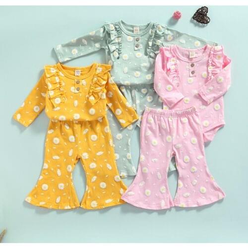 0-24M Newborn Baby Girl Floral Printed Pattern Long Sleeve Round Collar Romper Flared Trousers