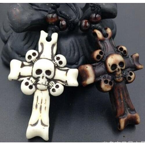 Hot ! 2 pcs New European and American Fashion Imitation Bovine Bone Skull Cross Pendant Wax Cord Necklace cv90