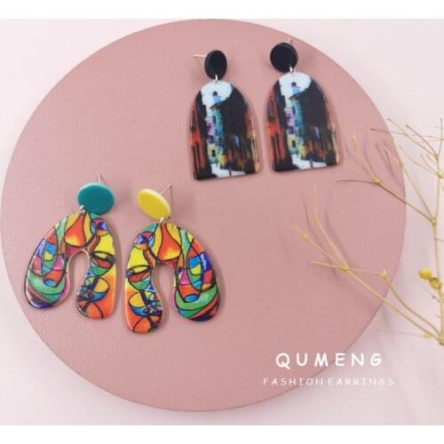 Fashion Design Abstract Oil Painting Printed Acrylic Aesthetic Drop Earrings Exaggerated Geometric Bohemia Style Party Jewelry