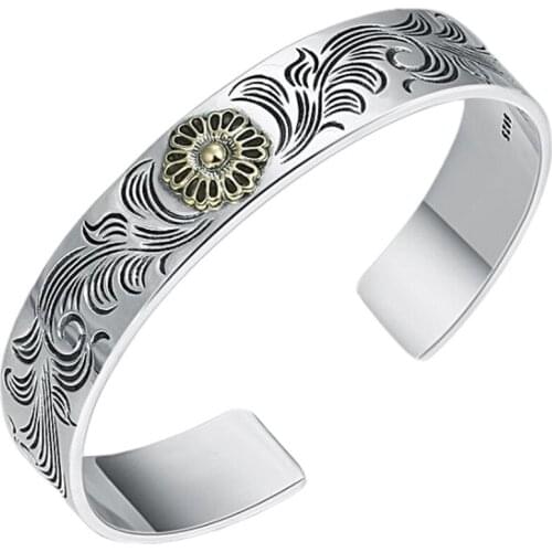 New S925 pure silver open bracelet mens jewelry Thai silver trendy fashion rattan grass pattern point gold 925 silver bracelet