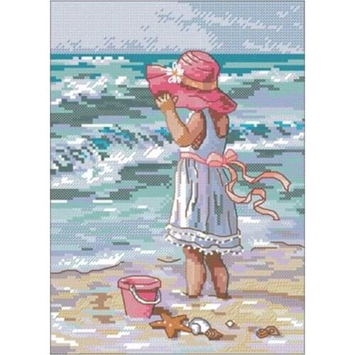 Little girl on the beach patterns counted 11CT 14CT 18CT DIY Cross Stitch Sets wholesale Cross-stitch Kit Embroidery Needlework