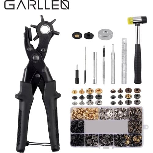 GARLLEN Leather Belt Hole Punch Plier Set Eyelet Revolving Puncher Tool 150pcs Snap Fasteners for Watch Band Strap Leather Craft