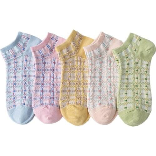5 Pairs Women Socks Set Spring Summer Morandi College Style Plaid Cute Pure Cotton Breathable Japanese All-match Simplicity