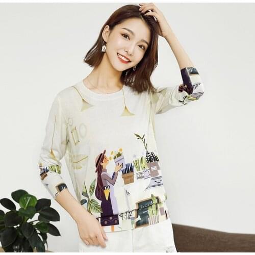 2020 New Autumn Printed Knit Top Womens Pullover Loose Fashion Sunscreen Knitted Blouse