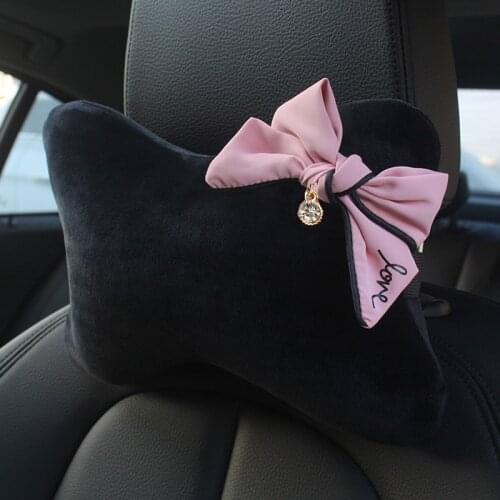 Kawaii Bowknot Car Seat Headrest Neck Pillow Rhinestones Supplies Waist Support Car Seat Pillow Accessories Interior for Women