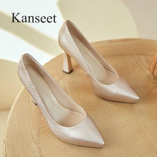 Kanseet 10cm High Heels Party Wedding Genuine Leather Pointed Toe Shoes Woman Pumps Spring Autumn High Quality Brand Office Shoe