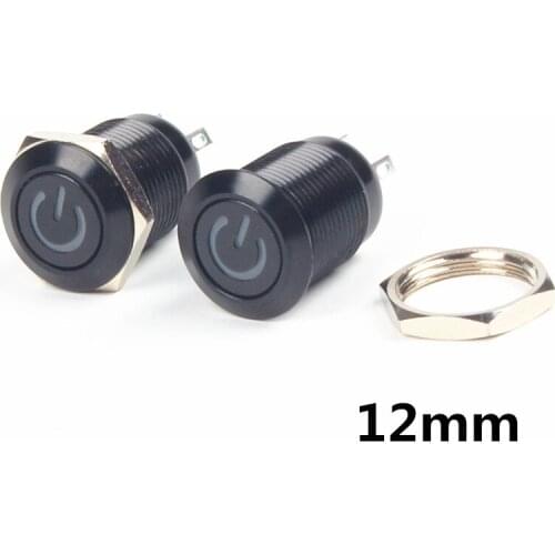 Waterproof 3V 6V 12V 24V 48V 110V 220V 4 Pin 12mm Led Light Oxidation Black Power Symbol Metal Push Button Momentary Switch