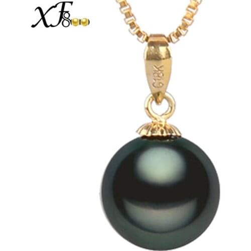 [XF800] 18K Gold Natural Tahitian Black Pendant Necklace Fine Pearl Jewelry 8-12mm Round Stone Wedding Party Gift XFD218