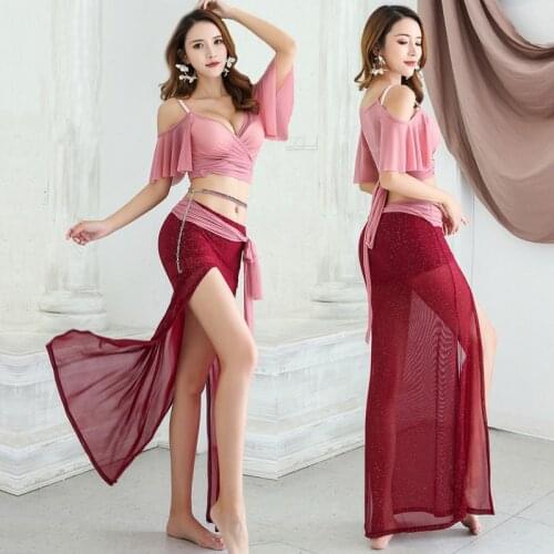 Summer new belly dance training stage performance fairy sexy high split oriental dance loncng jacket+skirt for women dancer