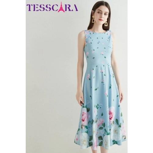 TESSCARA Women Summer Elegant Dress Festa High Quality Long Blue Party Robe Femme Vintage Floral Designer A-Line Tank Vestidos