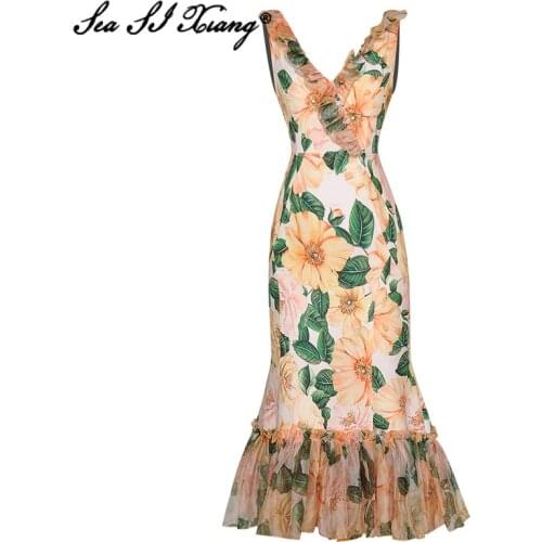 Seasixiang Fashion Designer Summer Dress Women V-Neck Ruffles Sleeveless Floral Print Slim Mermaid Dresses