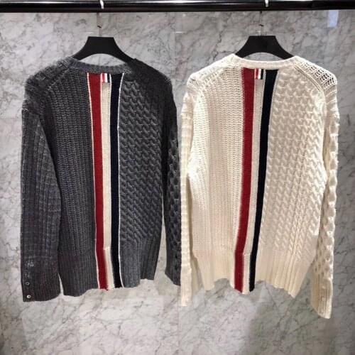 2021 Fashion Brand TB Sweaters Men Loose O-Neck Pullovers Clothing Striped Spliced Cotton Wool Thick Autumn Winter Casual Coat