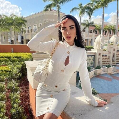 2021 New Autumn Womens Long-sleeved Bodycon Bandage Dress Sexy Button Decoration Mini Celebrity Runway Party Dresses