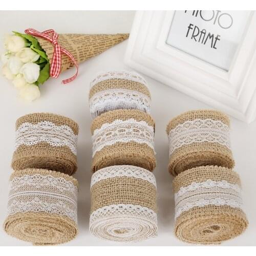 5cm 2m/roll Natural Jute Burlap Hessian Ribbon with Cotton Lace Trim Fabric Ribbons Sewing Dress Wedding Decoration Accessories