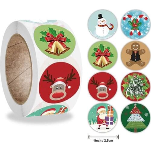 500PCS Round Cartoon Picture Merry Christmas Sticker Thank You Card Box Packaging Label Sealing Sticker Decorative Stationery