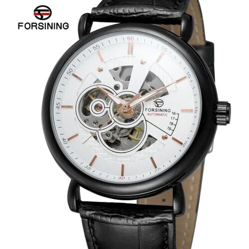 FORSINING watch fashion trend casual simple men women white dial black case black leather strap automatic mechanical watch