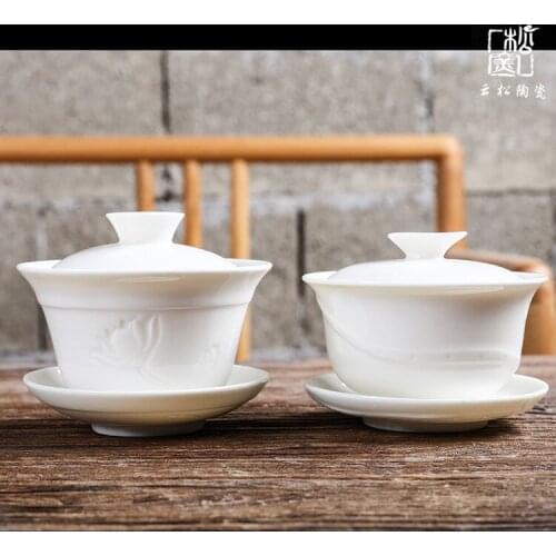 Ceramic Whiteware Cover Bowl Ivory White Three-Force Bowl Cup with Cover Jade Porcelain Kung Fu TeaSet Sopera De Ceramica Gaiwan