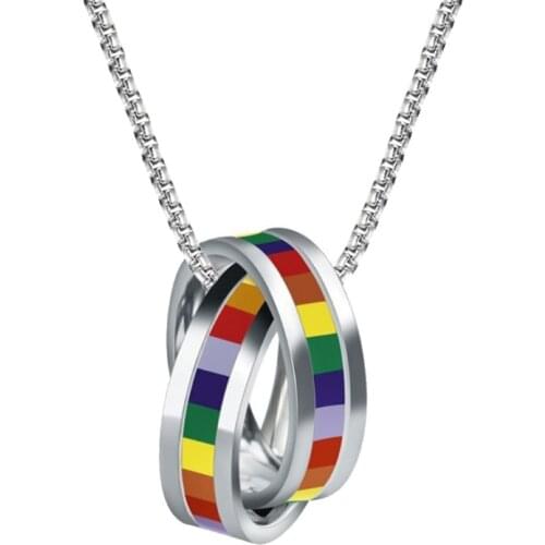 Love Pride Gay Lesbian Flag Pendant Rainbow Double Rainbow Rings Lovers Necklack N0HE