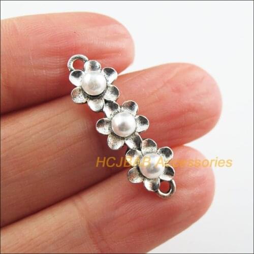 Fashion 15Pcs New Flower Charms Tibetan Silver Color White Acrylic Connectors 8.5x28mm