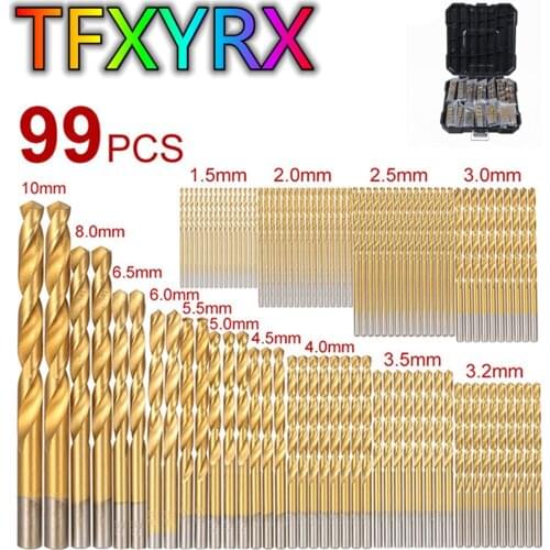 99pcs HSS Titanium Plated 1.5-10mm Twist Drill Bit Set with Plastic Box