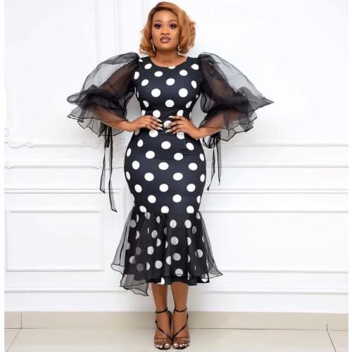 2021 XXXL Woman Plus Womens Summer New Sexy Mesh Panel Mid-Length Polka Dot Evening Gown Dress Puff Sleeve
