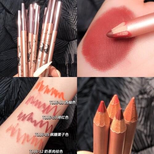 Rose red matte lipstick pencil wooden handle slim makeup pen long lasting waterproof women cosmetic nude lipstick AC356