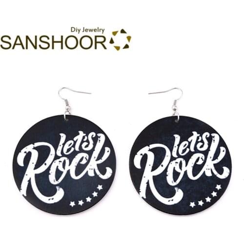 SANSHOOR Vintage Printing Lets Rock Wood Earrings Drop Dangles Jewelry 6cm African Earring As Christmas Gifts For Women 1pair