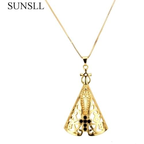 SUNSLL Three Color Copper Black Cubic Zirconia Cross Pendant Necklaces Womens Fashion Jewelry Nossa Senhora CZ Colar Feminina