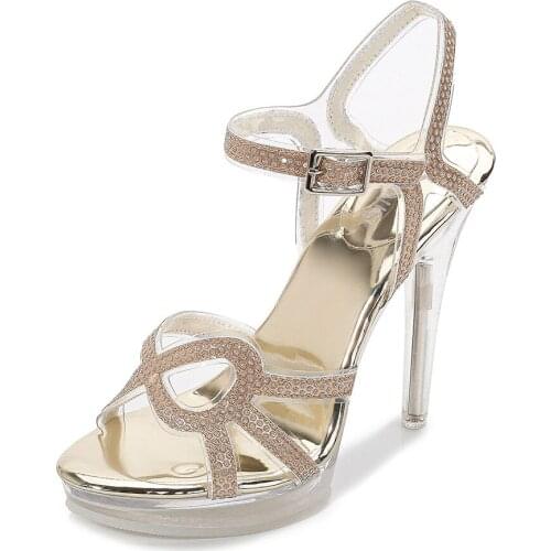 Fashion Open Toe Party Ladies Pumps Heels Rhinestone Ankle Strap Buckle Women High Heels Summer Transparent Platform Sandals