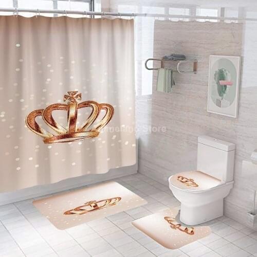 Gold Crown Shower Curtains Pink Fanshion Bathroom Curtain Bath Sets Toilet Cover Mat Non-Slip Washroom Rug Set Modern 180x180cm