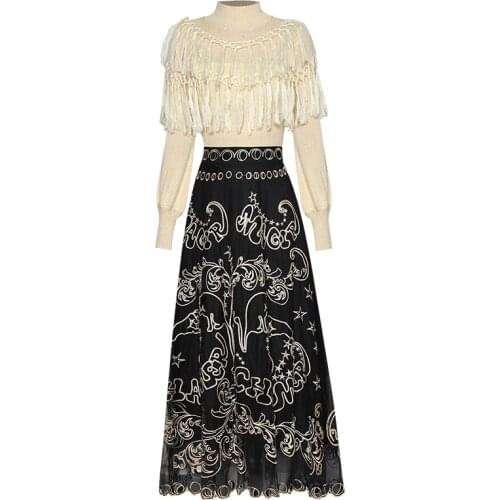 Runway New High Quality Autumn Party Casual Tassel Long Sleeve Sweater Top Black Mesh Embroidery Half Skirt Elegant WomenS Sets