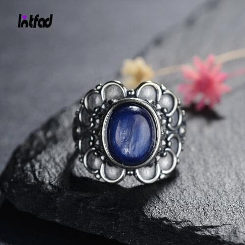 Sterling Silver 925 Rings Natural Kyanite Rings Flower Shaped Oval Gemstone Ring for Women Fine Jewelry Dropshipping