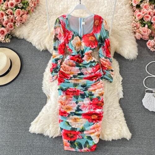 Summer Runway Rose Flower Sexy Bodycon Midi Party Club Dresses Women Square Collar Puff Sleeve Sheath Stretch Draped Robes