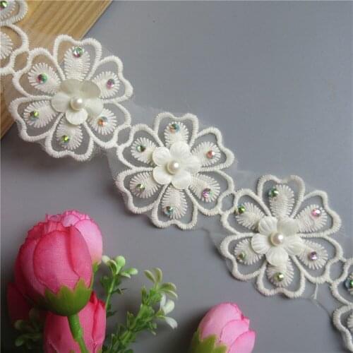 1yard Apricot Cotton Pearl Rhinestones Flower Embroidered Lace Trim Ribbon Fabric Patchwork Handmade Wedding Dress Sewing Craft