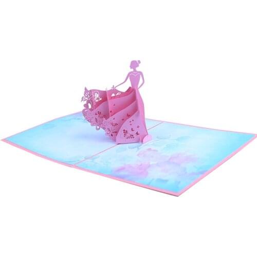 10pcs Wholesale 3D Handmade Pink Butterfly Dress Dancing Gilr Paper Invitation Greeting Cards Valentines Day Wedding Gift