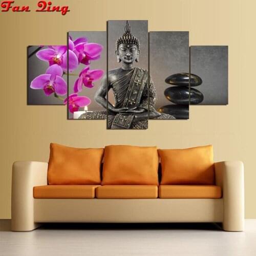 5pcs/set DIY 5D Full square/round Diamond Painting Buddha orchid Embroidery Cross Stitch Kit Rhinestone Home Decor Craft