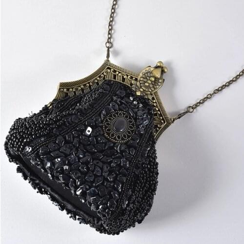 Beaded Sequin Design Metal Frame Kissing Lock Satin Interior Evening Clutch