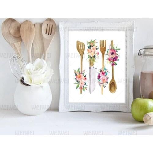 Floral Kitchen Utensil Print Kitchen Wall Art Decor Wooden Utensil Art Canvas Painting Wall Picture Poster Home Decoration