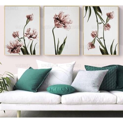 Elegant Pink Green Tulips Botanical Floral Posters Canvas Paintings Wall Art Pictures for Living Room Bedroom Home Decoration