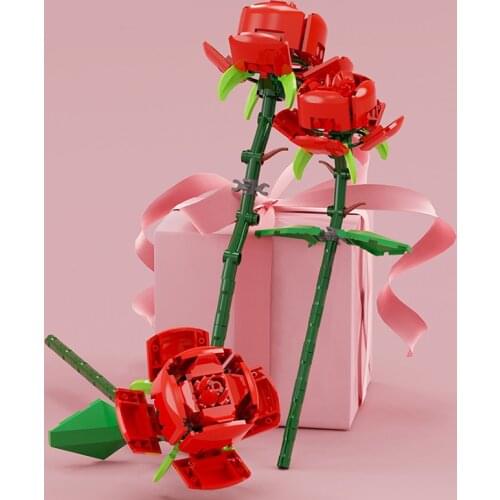 Creative Rose Bouquet Building Block Model Girl Gift Valentines Day Romantic Flower Plant Home Decoration DIY Assembled Toy