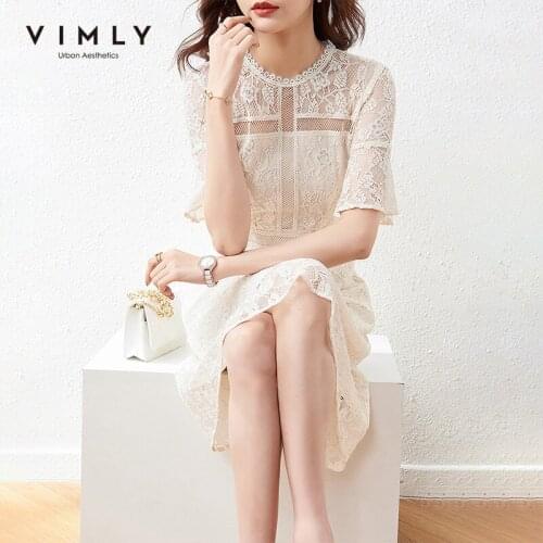 VIMLY Summer Lace Dress For Women Elegant Round Neck Vintage Dress High Waist Dress Female Long Dresses Vestidos F7183