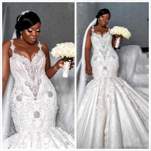 2019 Arabic Plus Size Luxurious Lace Beaded Wedding Dresses Crystals Mermaid Sexy Bridal Dresses Vintage Wedding Gowns SY266