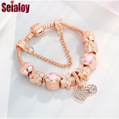 Fashion Rose Gold Brands Bracelet Bangle Couples Magnolia Beads Crystal Love Charm Bracelets For Women Girl Lover Jewelry Gifts