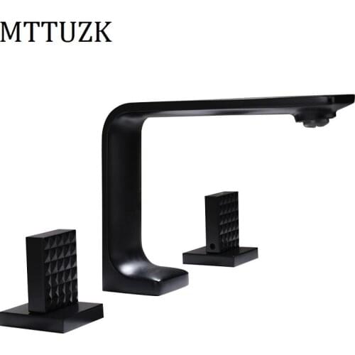 MTTUZK Bath Faucet Double Handle Square Brass Bathroom Black Faucet Hot Cold Water mixer Tap three hole Basin Fuacet 3PCS/set