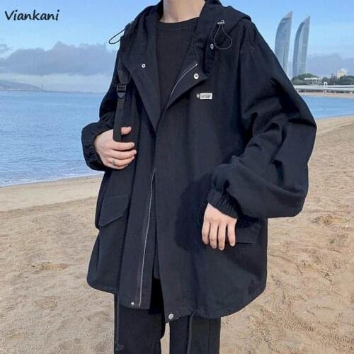 Men Hooded Jacket Women Spring Autumn Hong Kong style Trend Loose Ruffian Handsome Mid-length Tooling Jackets Mens Windbreaker