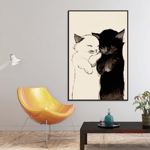 Animals Canvas Painting Black White Lovely Cat Hug Wall Art Poster and Print for Bedroom Dining Room Home Wall Decor Picture