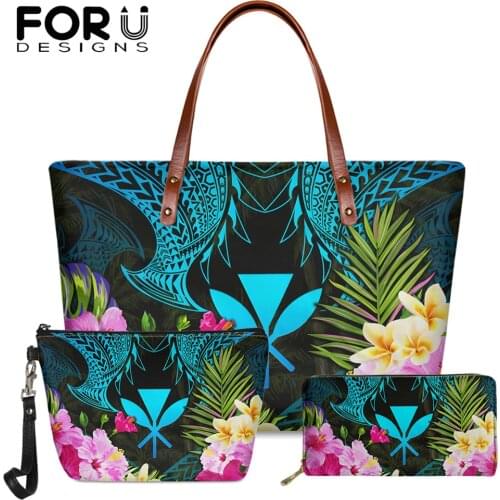 FORUDESIGNS 2021 New Arrival Casual Messenger Bags And Clutch Coin Purse 3Set Hawaiian Plumera 3D Printing Large Female Tote Bag