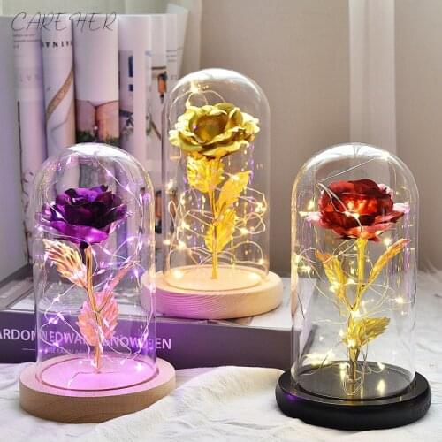 New Valentines Day Gift LED Light Gold-plated Red Rose In Glass Dome Beauty And The Beast Roses For Wedding Party Mothers Day