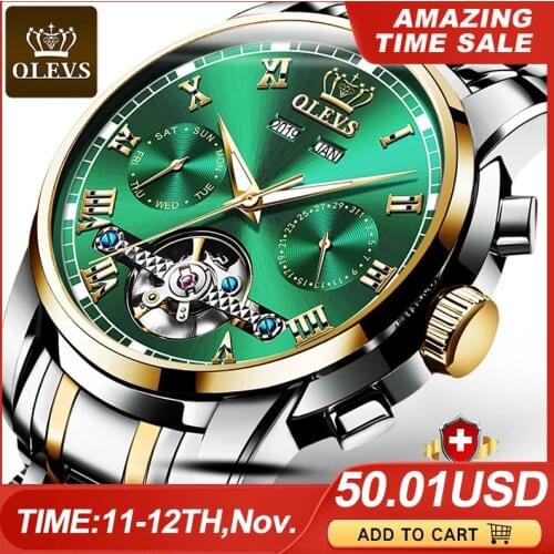 OLEVS Men Mechanical Watch Automatic Luxury Stainless Steel Waterproof Date Week Green Fashio Classic Wrist Watches Reloj Hombre